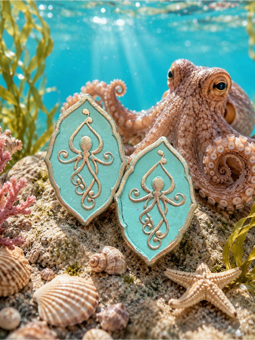 Turquoise Octopus Shield Handmade Polymer Clay Earrings